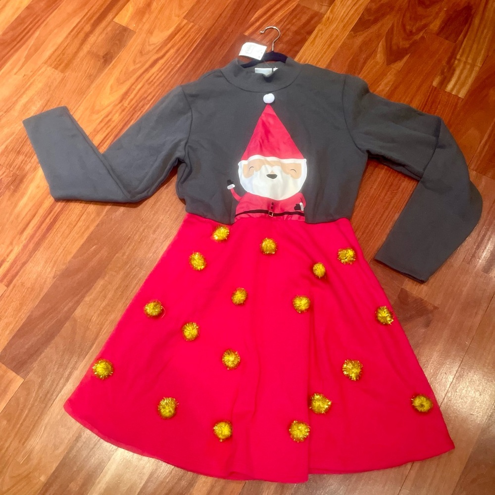 NWT red girls ‘Santa’ Christmas dress with Pom Pom details. Size Large